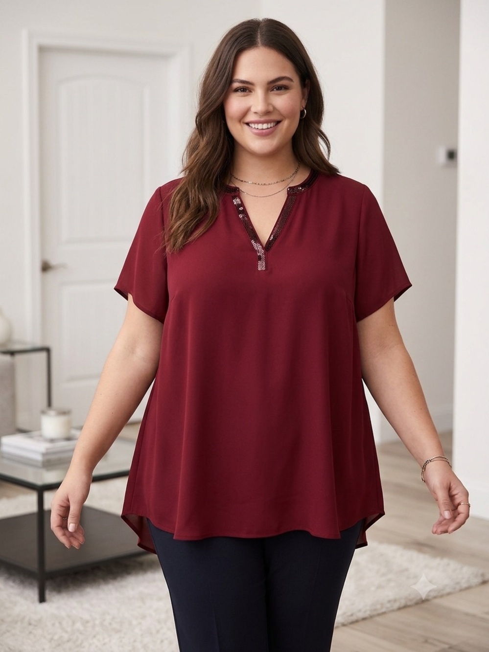 TORRID Burgundy V-Neck Blouse with Sequin Trim BNWT